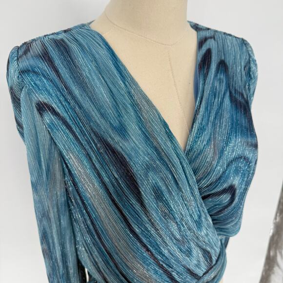 Ramy Brook Crop Top Blue Metallic Plisse Long Sleeve Blouse V-Neck, Designer XS - Picture 3 of 8